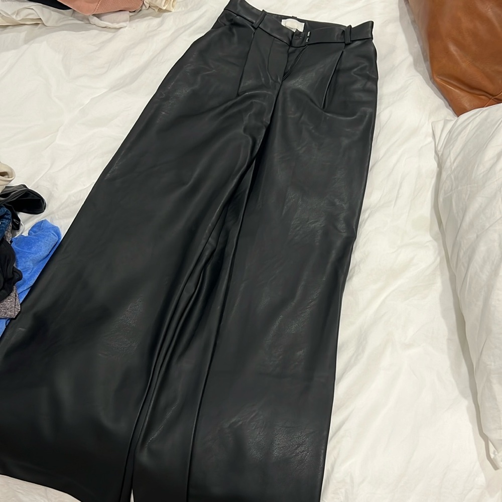 Wide leg high waisted faux leather trousers